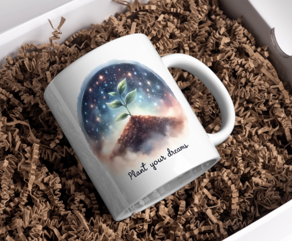 Keramiktasse mit der Illustration einer jungen Pflanze, die unter einem leuchtenden Sternenhimmel wächst, und dem Text 'Plant your dreams', liegend in einer Geschenkbox mit Füllmaterial. Perfekt als inspirierendes Geschenk.